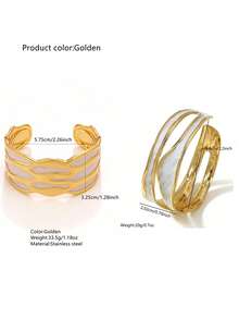 2 piezas Conjunto de brazaletes minimalistas de estilo empresarial con esmalte, onda asimétrica y hueco, pulsera de acero inoxidable adecuada para el atuendo diario de las mujeres, fiesta, ocasión formal, viaje al trabajo, ropa de negocios, regalo para amigos - Amarillo Oro - Ver 12