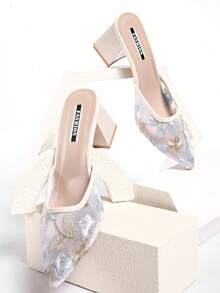 New Chinese Style White High Heel Mules, Pointed Toe Lace Embroidery Convertible Sandals For Women - Blue - View 4