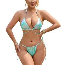 2026 Ny Kristall Diamant Bikini Sexig Guldpläterad Band Dam Baddräkt i Tvådelad Stil - Grön - Visa 2