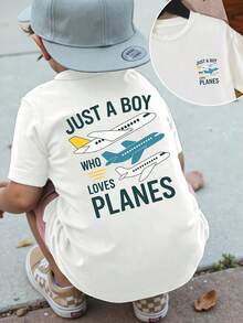 Fashionable Short-Sleeved T-Shirt With Front And Back Prints For Children Aged 1-14 Years, "A Boy Who Loves Airplanes", A Comfortable And Versatile T-Shirt For Everyday Wear - 軍綠色 - 查看 6