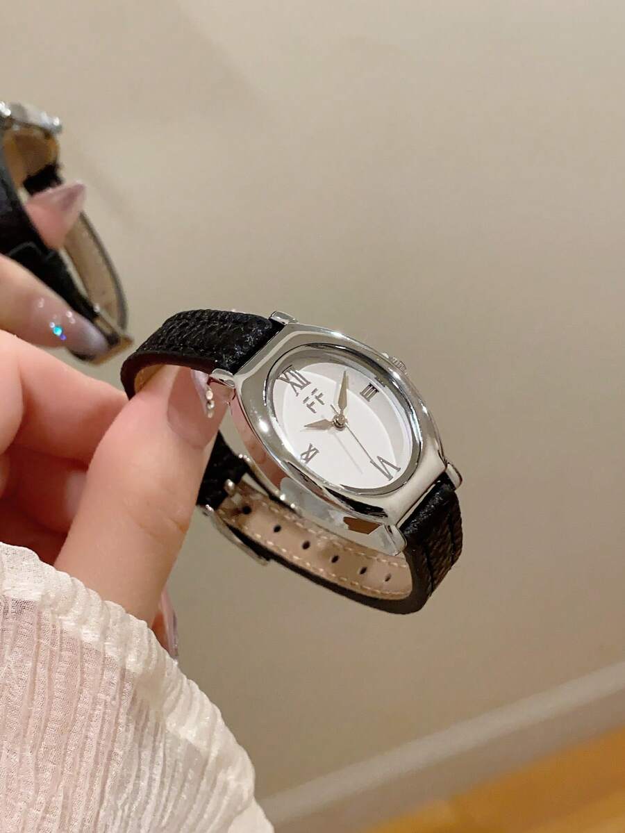 1件女款橢圓羅馬數字休閒優雅石英手錶,適合日常佩戴 - 黑色 - 查看 1