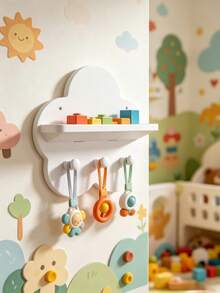Cute Cloud Shaped Wooden Floating Wall Shelf With 3 Hooks, Nursery Wall Storage Organizer Rack For Baby Bibs Hats Toys Decor - Multicolor - View 9