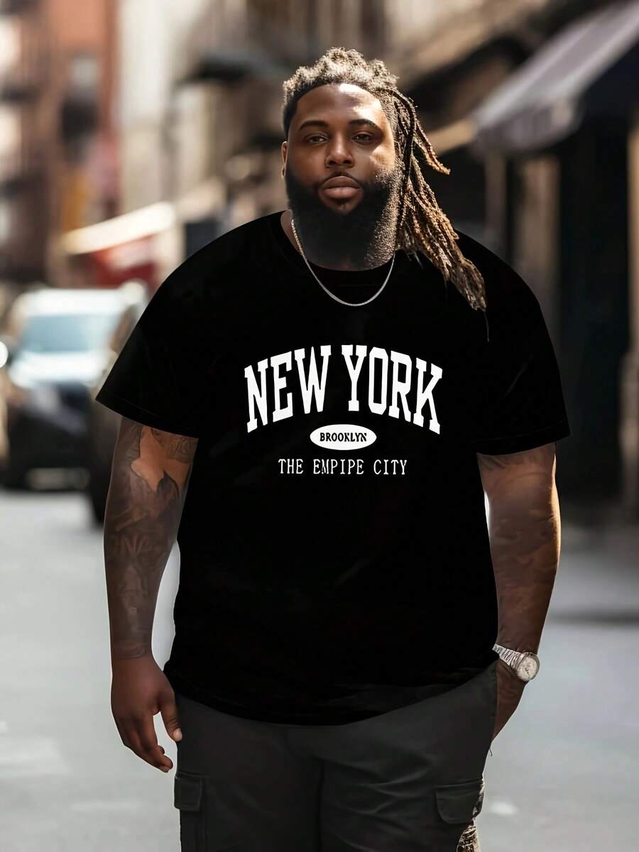 Camiseta casual de talla grande, camiseta de moda con estampado de letras, camiseta de verano, TALLA GRANDE - Negro - Ver 1