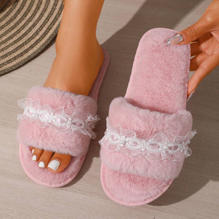 Fluffy Lace Flower Embroidered Pearl Slip-On Slippers, Suitable For Indoor/Outdoor Wear All Seasons, Sweet & Cute Style, Slip-On Flat Soft Plush Slippers For Women - Pink - View 1