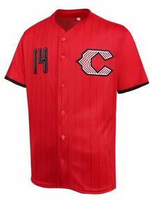 Atonmore 14# Red Baseball Jacket, Men's Casual Sports Sweatshirt With Button And Embroidery, Suitable For Training And Competition - Red - View 2