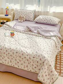 1pc Fresh Plant Pattern Summer Quilt Air Conditioner Quilt Quilted Bedding, No Pillowcase Included, Cute Pastoral Style, Soft And Comfortable Ruffle Design Summer Quilt Quilted Bedding, Suitable For Dormitory, Bedroom, Apartment, Etc., Suitable For Spring And Summer - Mauve Purple - View 8