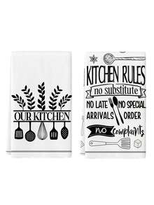 2 Pcs Funny Kitchen Quote & Utensil Pattern Kitchen Towels Rustic Minimalist Style Dish Towels Can Be Used In Kitchen Drying Hand Towels Tea Towels Suitable For Farmhouse Kitchen Home Indoor Dish Drying - Black and White - View 6