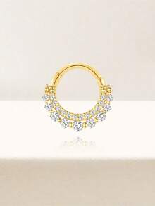 1Pc 925 Sterling Silver Classic Double-Layer Cubic Zirconia Nose Rings Hypoallergenic Waterproof Nose Piercing Septum Jewelry Suitable For Women And Man For Daily, Dates Vacation Holiday Gift - Gold - View 2