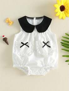Mono de verano para bebé niña con adorable detalle de volantes, bolsillo y lazo, sin mangas y cuello de muñeca. - Blanco - Ver 1