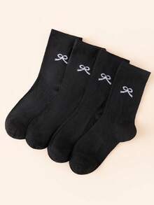 4 Pairs Women's Mid-Calf Socks, Bowknot Vertical Stripes, Breathable, Casual, Lightweight, Elastic, Daily, All Season - Black - View 5