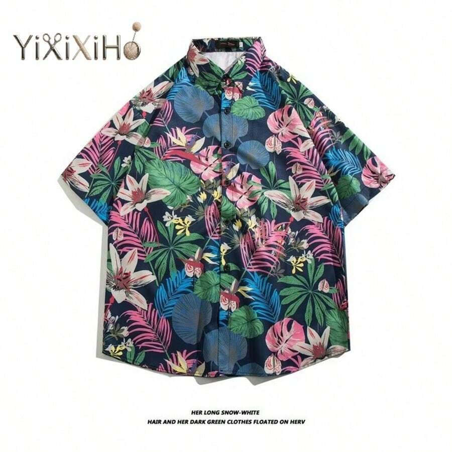 【YIXIXIHO】ハワイアン ビーチ 花柄シャツ メンズ 半袖 夏 万能 薄手 ゆったり カジュアル カップル 海辺 バカンス送料無料 - ネイビーブルー - チェックする 1