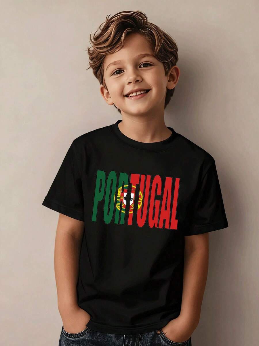 Boys' Casual And Fashionable T-Shirt With A Portugal Flag Graphic, Short Sleeves, Children's Clothing For Boys Aged 5-13 Years, Sportswear For Everyday And Festive Wear - 黑色 - 查看 1