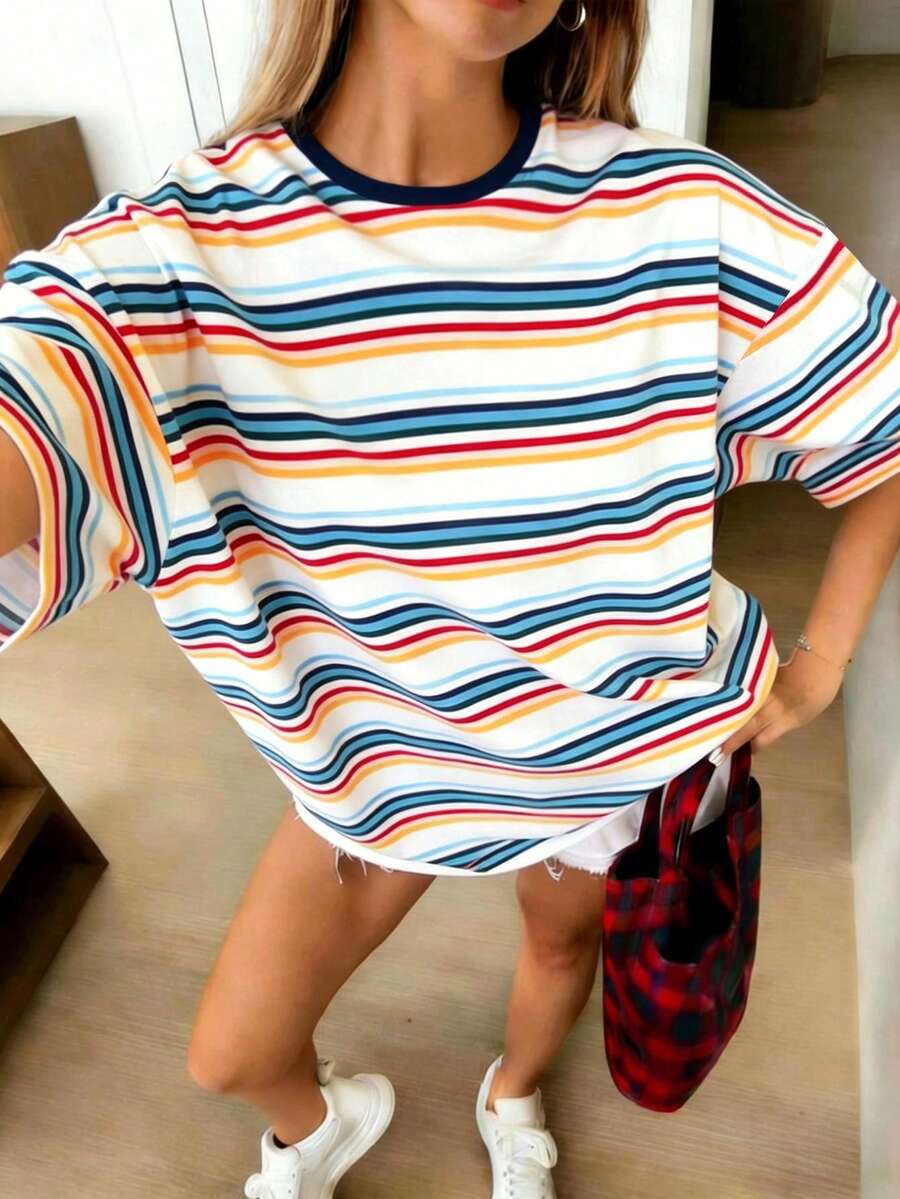 复古美式彩虹条纹圆领短袖T恤,宽松显瘦休闲百搭上衣,彩色条纹面料,适合海滩、晚宴、日常穿着,夏季必备 - 彩色 - 查看 1