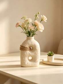 1pc/3pcs Cream Bohemian Style Vase, Rope Texture Asymmetrical Vase, Wabi-Sabi Ins Style Desktop Ornament, Home Decor Dried Flower Vase - Butter Clay - View 3