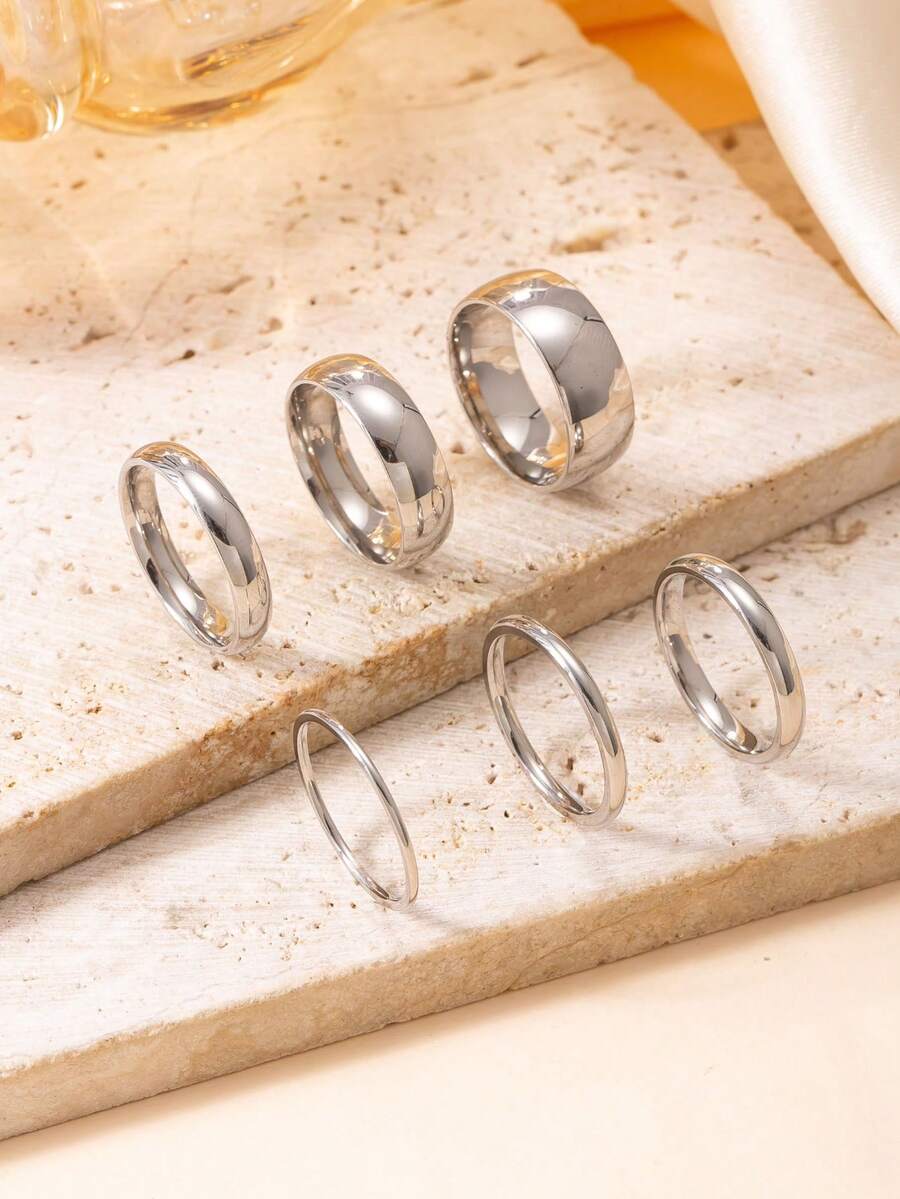 6 piezas Juego de anillos de acero inoxidable lisos para parejas de 1/2/3/4/6/8mm, bandas minimalistas apilables para uso diario, adecuados para parejas, Día de San Valentín, Boda - Plateado - Ver 1