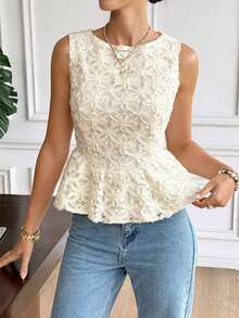 Blusa de encaje floral 3D con volante, elegante blusa de verano sin mangas de cuello redondo con dobladillo con volantes, para primavera, Día de San Valentín, carnaval, playa, fiesta, boda, elegante, vacaciones - Albaricoque - Ver 4