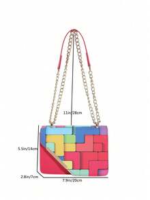 Mini Fashionable Plaid Patchwork Crossbody Bag, Metal Chain Strap Square Shoulder Bag Suitable For Shopping - Hot Pink - View 3