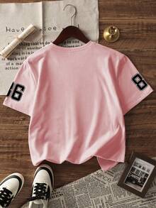 3 Stücke/Set Mädchen lässig Tops, zufälliger numerischer Muster Rundhals Tops, Schleife & Leoparden Streifen Multi-Element Design modische vielseitige Kinderkleidung - Pink - Übersicht 3