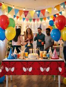 Marvel Birthday Tablecloth Set. The Battle Suit Features A Red Background With Iconic Spider Webs And Mask Patterns. The High-Definition Print Has Bright Colors That Are Not Prone To Fading, And Is Made Of Waterproof And Oil-Resistant Materials That Are Stain-Resistant And Durable. It Is Suitable For Parties Of Different Scales And Adds An Epic Atmosphere To The Dining Table. - Multiple Styles - View 2