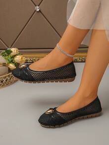 1 Pair Mesh Satin Ribbon Bow Metal Decor Gentle Intellectual Women's Round Toe Shoes For Daily Wear - Black - View 4