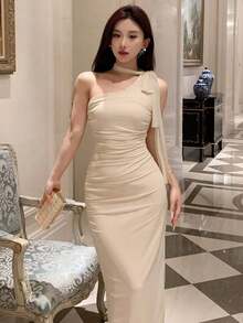 Vestido de fiesta de hombro oblicuo de unicolor y simple para uso diario, vestido de verano elegante para Año Nuevo, vestido para boda, baile de graduación, vestido largo, vestido de cóctel - Beis - Ver 3