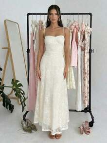 Vestido largo marfil de encaje con corpiño para mujer, ideal para invitada de boda, dama de honor o vacaciones - Beis - Ver 9
