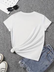 [Printed Pants - Not Denim Fabric] 1 Piece Women's Short Sleeve Crew Neck T-Shirt With Heart And Rhinestone Print, Casual Fashion Top For Women,  Women's Clothing, Holiday Gift, Birthday Gift - 白色 - 查看 2