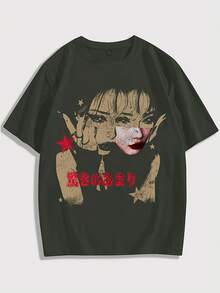 Camiseta de moda con estampado de retrato para hombre, camiseta deportiva casual, camisa negra de manga corta y corte holgado con retrato de personaje. - Gris Oscuro - Ver 9