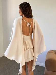 Vestido mini sin mangas de color albaricoque para mujer, chal desmontable, vestido romántico retro sexy y lindo para citas - Albaricoque - Ver 8