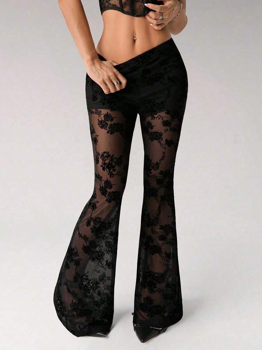 ICON Pantalones acampanados de talle bajo con encaje, de uso elegante y de moda para mujer, inspirados en el estilo y Y2K - Negro 3 - Ver 1