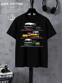 Camiseta de algodón 100% para niño, con diseño vintage de locomotora de vapor, lavable a máquina, adecuada para todas las estaciones, ideal para actividades al aire libre, suave y de punto, cómoda y transpirable, con diseños lindos e interesantes. - Negro - Ver 1
