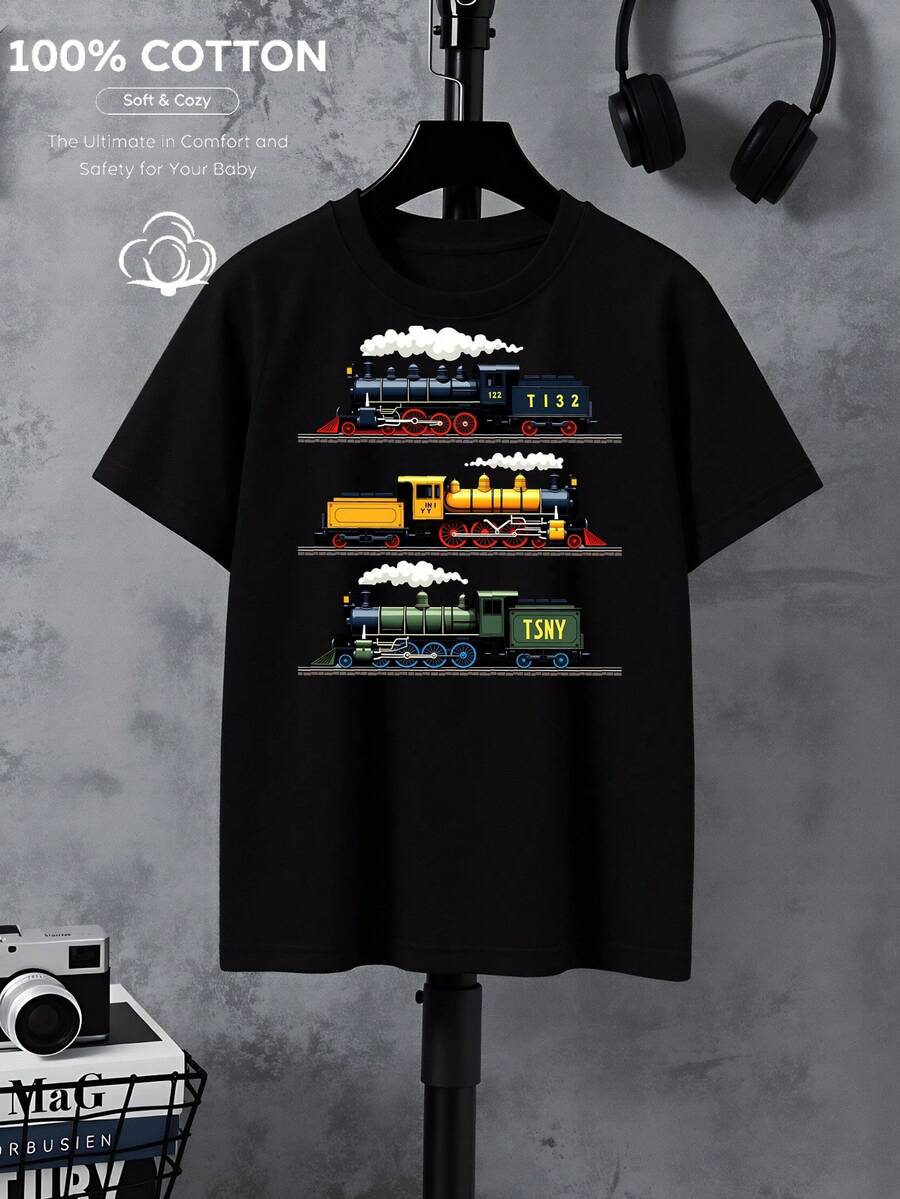 Camiseta de algodón 100% para niño, con diseño vintage de locomotora de vapor, lavable a máquina, adecuada para todas las estaciones, ideal para actividades al aire libre, suave y de punto, cómoda y transpirable, con diseños lindos e interesantes. - Negro - Ver 1