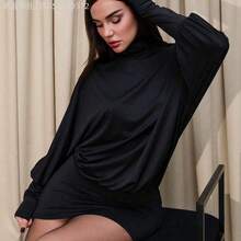 Soqi Women's Clothing Vestido mini ajustado de moda con cuello alto, mangas de murciélago y espalda abierta para mujeres - Negro - Ver 7