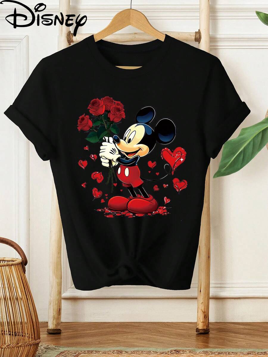 Mickey Mouse T-Shirt With Red Roses And Hearts, Disney Design, New Summer Short-Sleeved T-Shirt For Women, Casual Printed T-Shirt, Elegant Women's Clothing - màu đen - Xem 1