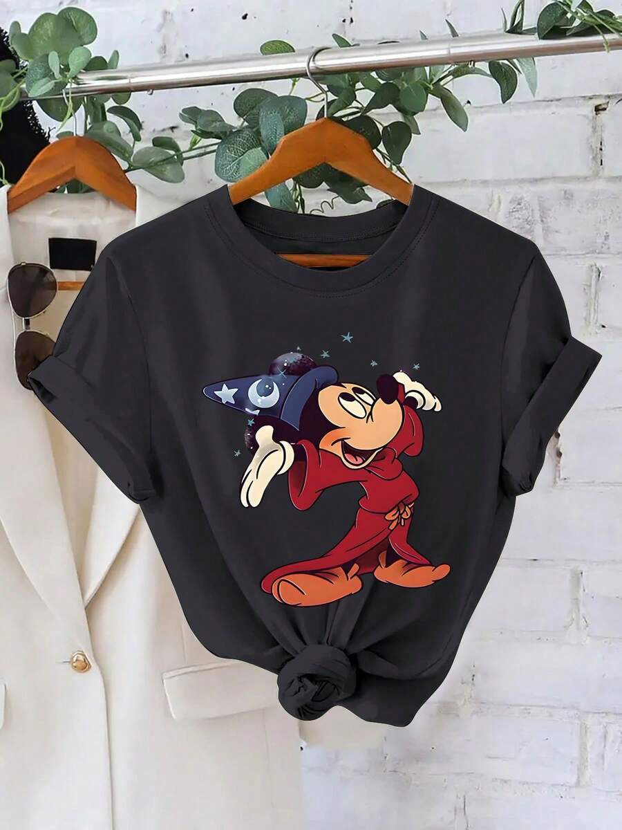 Disney Summer New Short-Sleeve T-Shirt For Women - Casual Fashionable Printed Top With Mickey Mouse In Wizard Costume Design, Elegant Women's Clothing - màu đen - Xem 1