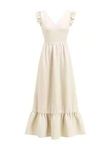 xheEllevyn Vestido largo elegante de mujer con cintura fruncida y volantes, vestido de verano para vacaciones, vestido para citasxhe - Albaricoque - Ver 6