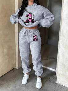 Women's Casual And Fashionable Hoodie And Sweatpants Set With Bear Print - Gray / Gray Pants - View 1