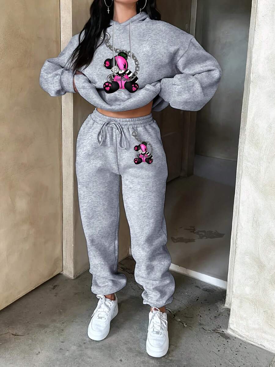 Women's Casual And Fashionable Hoodie And Sweatpants Set With Bear Print - Gray / Gray Pants - View 1