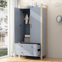 Two-Door Wardrobe With Hanging Space And Two Drawers, Ideal For A Bedroom, Living Room, Or Entryway. Made Of Particleboard With A White Frame And Pine Structure. Dimensions: 90 * 45 * 180 Cm. - Baby Blue - View 3