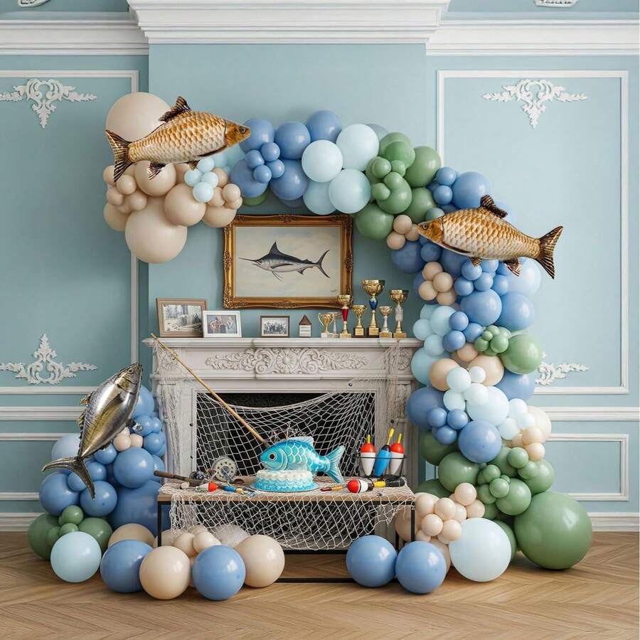 125pcs Fisherman Theme Balloon Arch Kit - Blue, Green And White Fisherman Theme Birthday Balloons - Suitable For Birthday Party, Underwater Theme Baby Shower, Retirement Party And Birthday Party Decoration - View 1