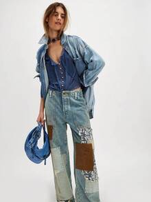 Women's Lace Trim Long Sleeve Blouse Scoop Neck Tie Front Pleated Sheer Flowy Peasant Top Victorian-Inspired Cropped Shirt with Bell Cuffs for Boho Cottagecore Styling Layering  Everyday Feminine Outfits - Azul - Ver 4