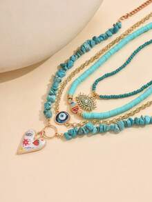 4 piezas Collar con cuentas de turquesa estilo vaquero occidental, collar con colgante de perla, ojo malvado, corazón de pez, adecuado para uso diario y vacaciones de las mujeres - Multicolor - Ver 3