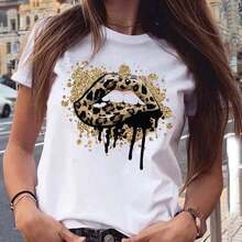 New Women's T-Shirt With Pink Lips And Leopard Print, Casual Style, Round Neck, Sexy, Black, With Kiss Design, Fun, For Girls, Dropshipping - 白色 - 查看 2