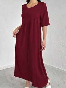 Vestido casual de fiesta con cuello redondo y plisado de unicolor, adecuado para el verano - Burdeos - Ver 3