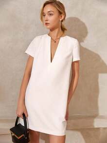 Vestido casual de mujer de longitud hasta la rodilla, de cuello en V liso, de manga corta y recto, vestido de negocios casual, conjunto de vacaciones de verano elegante en negro para mujer - Blanco - Ver 4