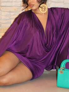 Vestido mini ajustado de unicolor, escote en V, ajuste holgado, cintura alta, para el verano - Morado - Ver 6