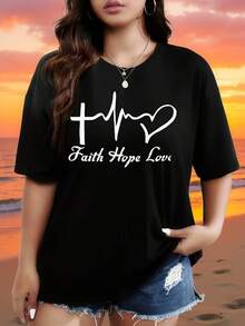 Camiseta estampada para mujer, talla grande, casual, con estampado, cuello redondo elástico, top de verano, lavable a máquina, ajuste cómodo, camiseta de mujer, prenda holgada, mangas cortas con estampado brillante, tela opaca, camisa de verano. - Negro - Ver 2