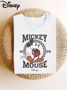 Disney Cute Mickey Mouse Top With Shadow Print, Soft And Stretchy, Casual Short-Sleeved Top, Fashionable Short-Sleeved T-Shirt With Round Neck, Women's Clothing - trắng - Xem 6