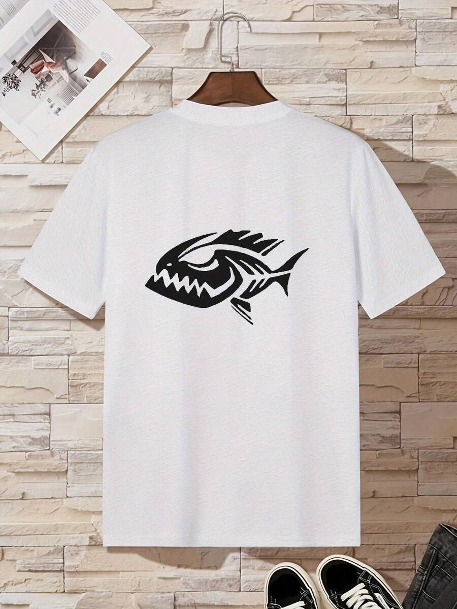 Camiseta de manga corta con cuello redondo y estampado de tiburón estilo graffiti para hombres adultos europeos y americanos. - Blanco - Ver 1