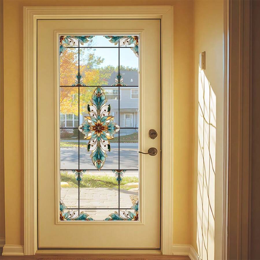 1pc Luxury Retro Floral Pattern Glass Sticker, Removable, Decorative Glass Embellishment For Entryway - Multicolor - View 1